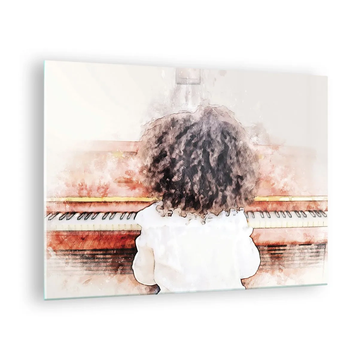 Cuadro sobre vidrio - Impresiones sobre Vidrio - Un niño con pelo rizado tocando el piano. - 70x50cm - Descubriendo un mundo nuevo - Decoración de pared moderna para salón y dormitorio ARTTOR