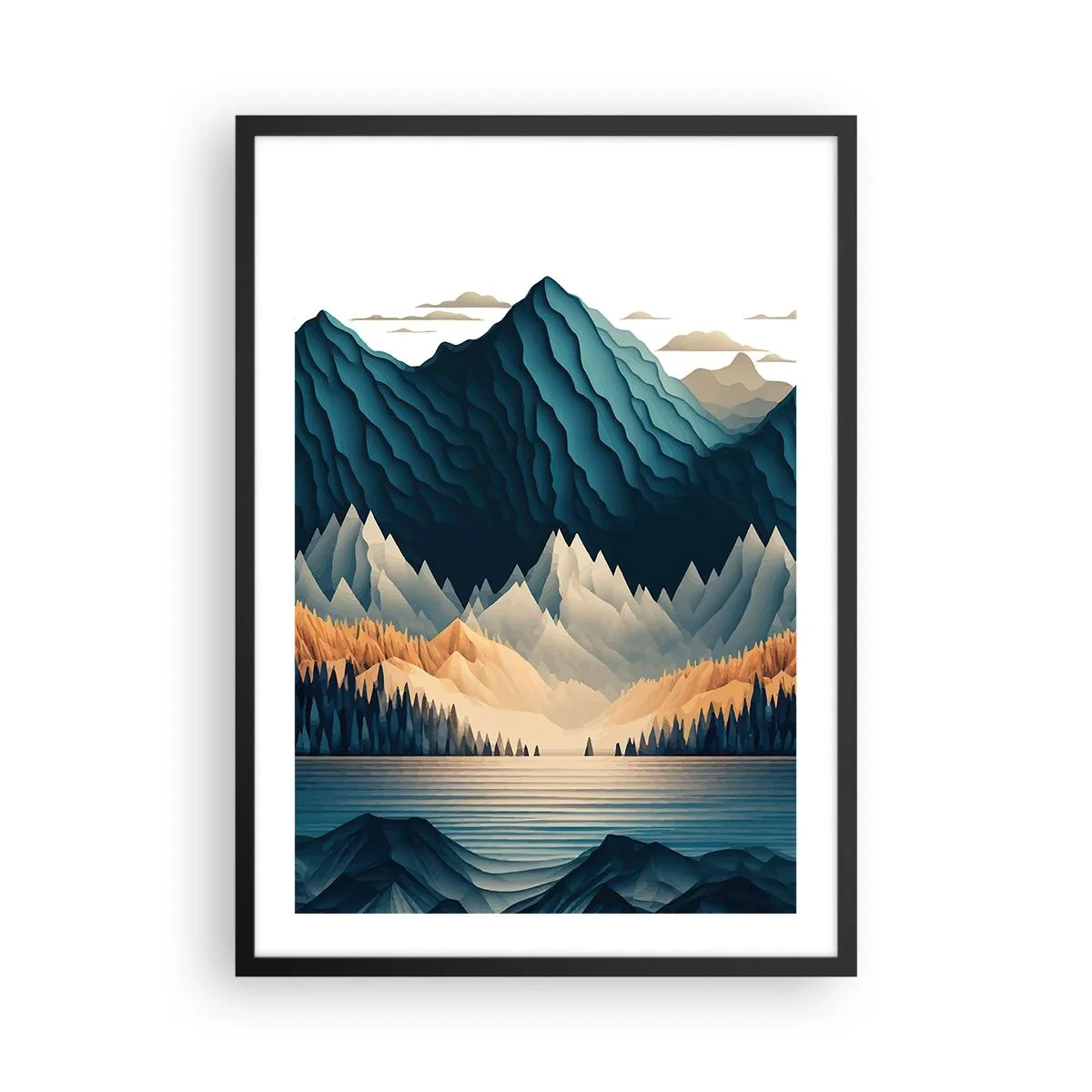 Póster en marco negro - Paisaje montañoso estilizado con un lago en tonos azules. - 50x70cm - Paisaje perfecto de montañas - Decoración de pared moderna para salón y dormitorio ARTTOR