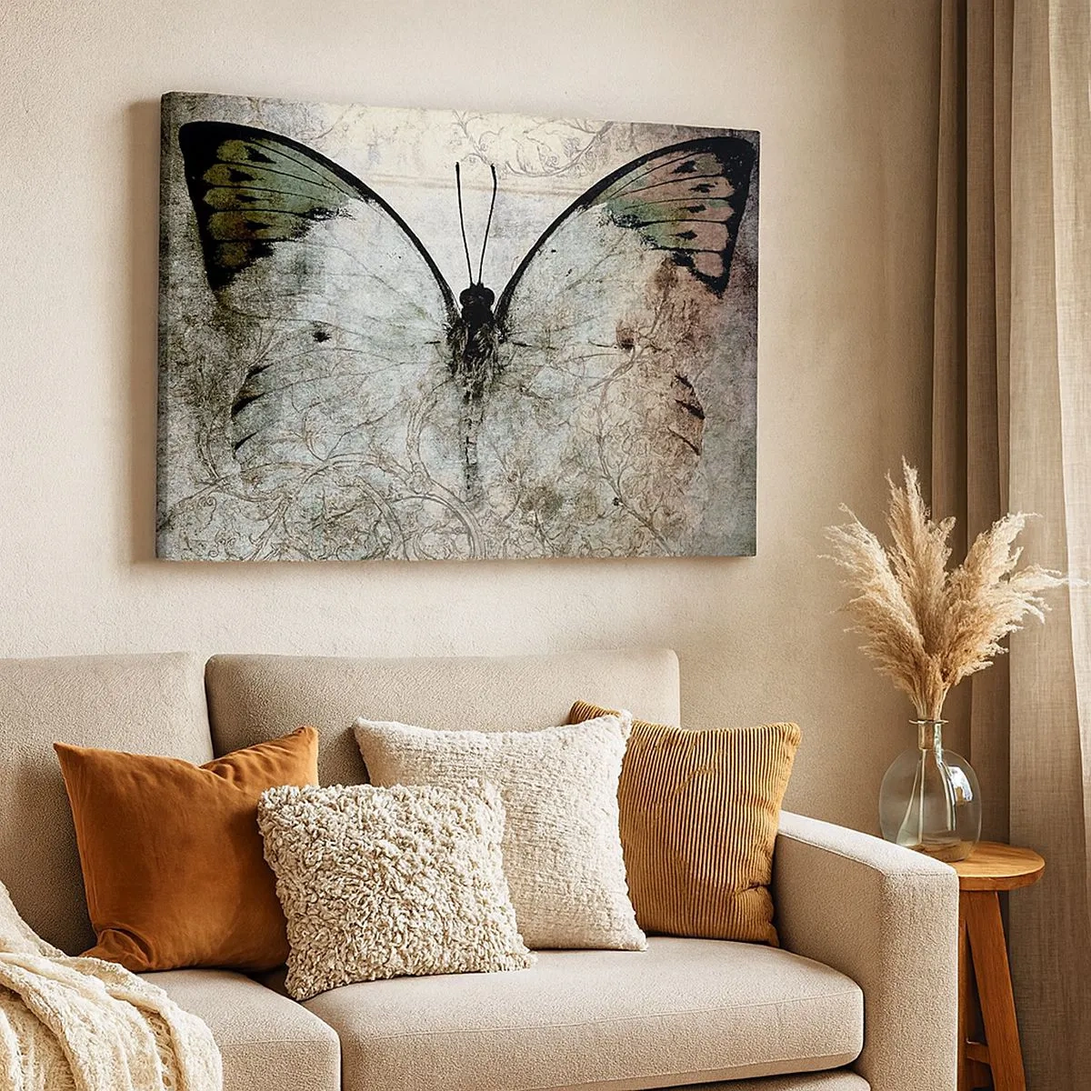Cuadro sobre lienzo - Impresión de Imagen - Una mariposa en tonos verdes y grises sobre un fondo decorativo. - 70x50cm - En el estilo Art Nouveau - Decoración de pared moderna para salón y dormitorio ARTTOR