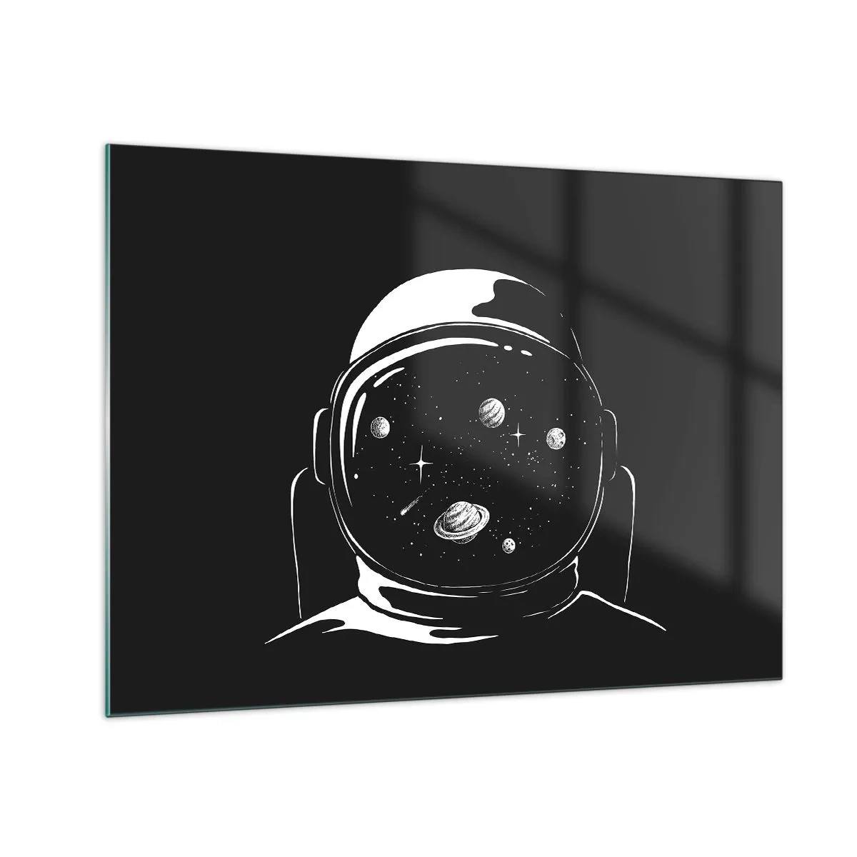 Cuadro sobre vidrio - Impresiones sobre Vidrio - Astronauta con estrellas y planetas en su casco sobre un fondo negro. - 70x50cm - Bonita vista - Decoración de pared moderna para salón y dormitorio ARTTOR