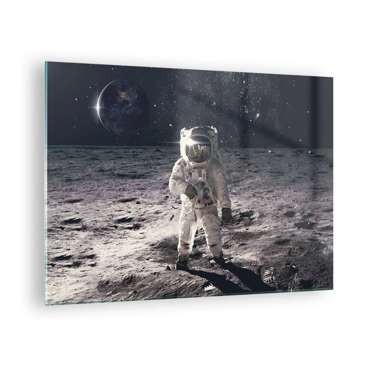 Cuadro sobre vidrio - Impresiones sobre Vidrio - Astronauta en la superficie de la Luna con la Tierra al fondo - 70x50cm - Saludos desde la Luna - Decoración de pared moderna para salón y dormitorio ARTTOR