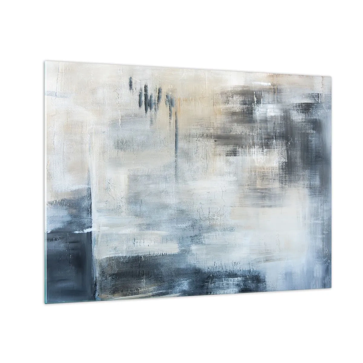 Cuadro sobre vidrio - Impresiones sobre Vidrio - Composición abstracta en tonos azules y grises. - 70x50cm - Detrás de un velo azul - Decoración de pared moderna para salón y dormitorio ARTTOR