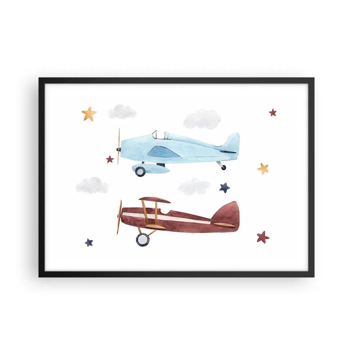 Póster en marco negro - Aviones pintados a mano sobre un fondo de nubes y estrellas. - 70x50cm - ¡Piloto, estamos esperando! - Decoración de pared moderna para salón y dormitorio ARTTOR