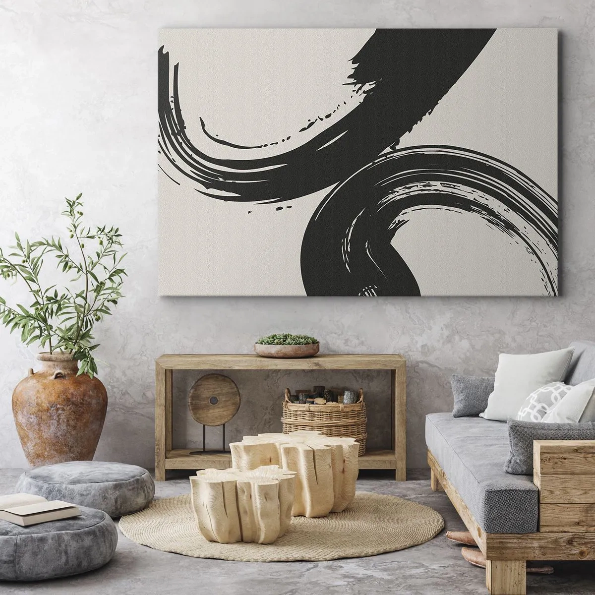 Cuadro sobre lienzo - Impresión de Imagen - Pinceladas dinámicas en negro sobre un fondo claro - 70x50cm - Barrido y circular - Decoración de pared moderna para salón y dormitorio ARTTOR