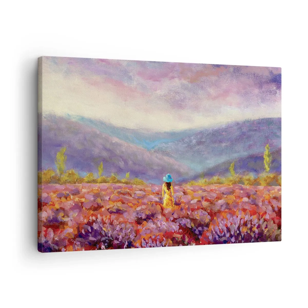Cuadro sobre lienzo - Impresión de Imagen - Una mujer con sombrero caminando por un campo de lavanda. - 70x50cm - En un mundo de lavanda - Decoración de pared moderna para salón y dormitorio ARTTOR