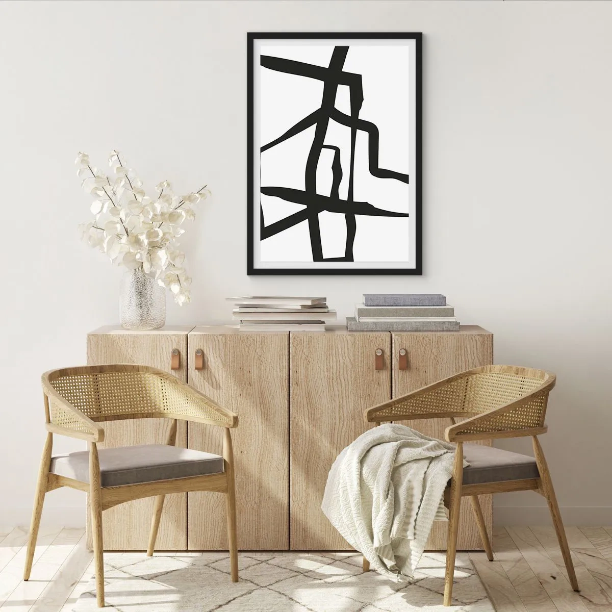 Póster en marco negro - Composición abstracta de líneas negras sobre fondo blanco. - 50x70cm - Construcción en blanco y negro - Decoración de pared moderna para salón y dormitorio ARTTOR