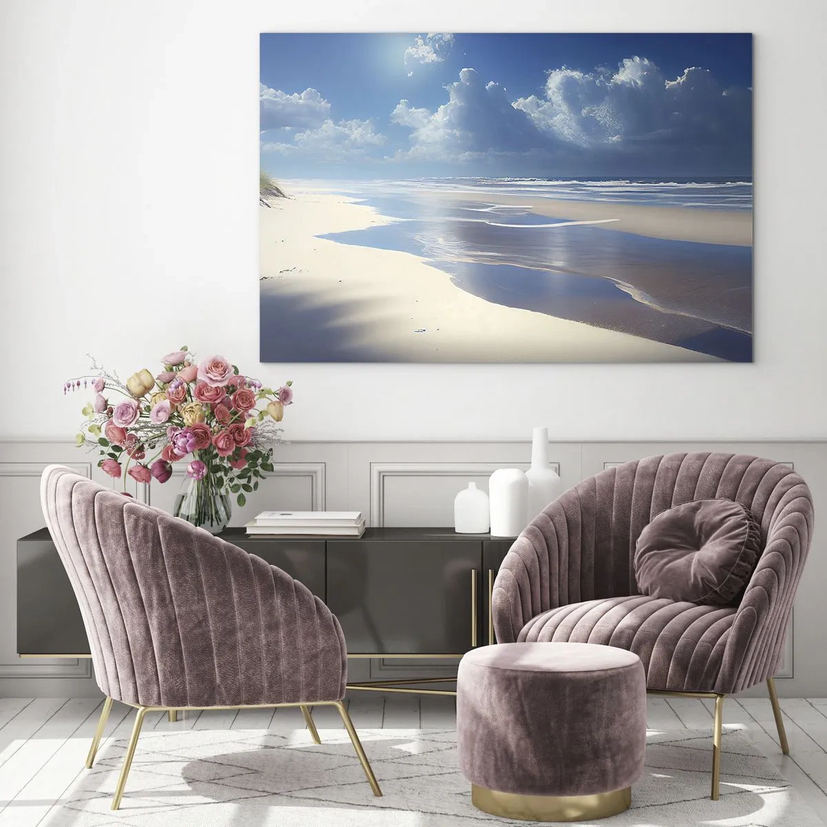 Cuadro sobre vidrio - Impresiones sobre Vidrio - Una amplia playa de arena y olas tranquilas bajo un cielo azul. - 70x50cm - Vacaciones en el paraíso - Decoración de pared moderna para salón y dormitorio ARTTOR