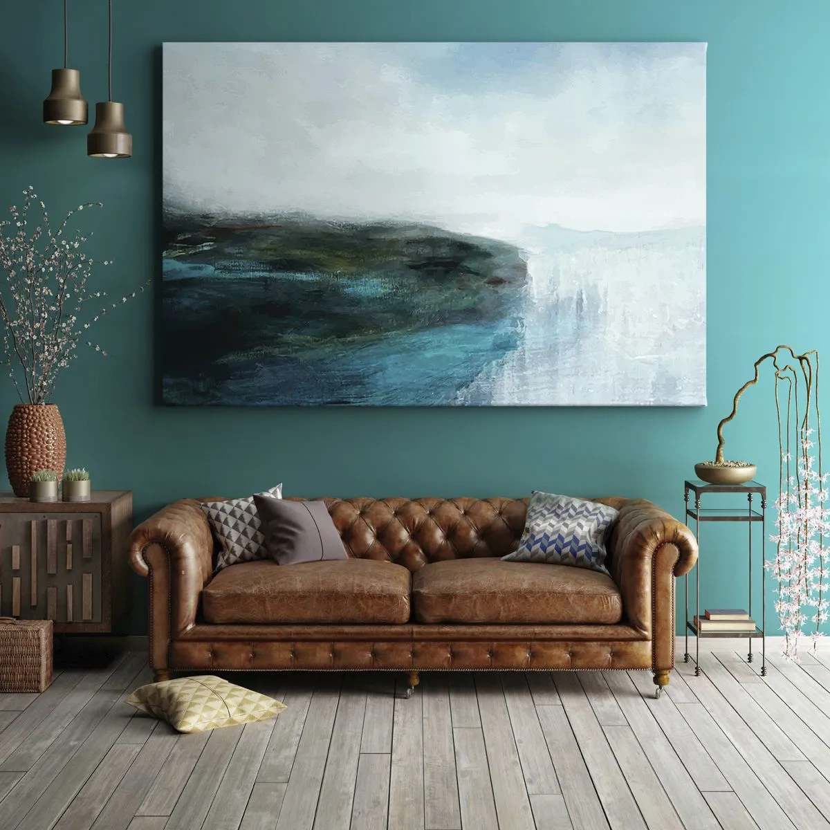 Cuadro sobre lienzo - Impresión de Imagen - Paisaje abstracto en tonos turquesa y gris. - 70x50cm - Abstracción marina - Decoración de pared moderna para salón y dormitorio ARTTOR