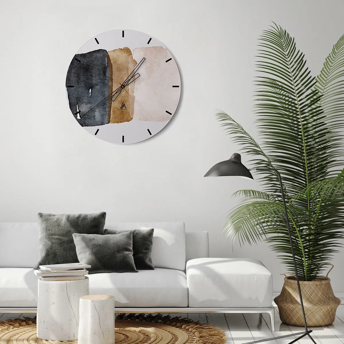 Reloj de pared - Reloj de vidrio - Tres rayas de acuarela en tonos negro, marrón y beige. - 30x30cm - Una composición de colores tierra - Decoración de pared moderna para salón, cocina y dormitorio ARTTOR