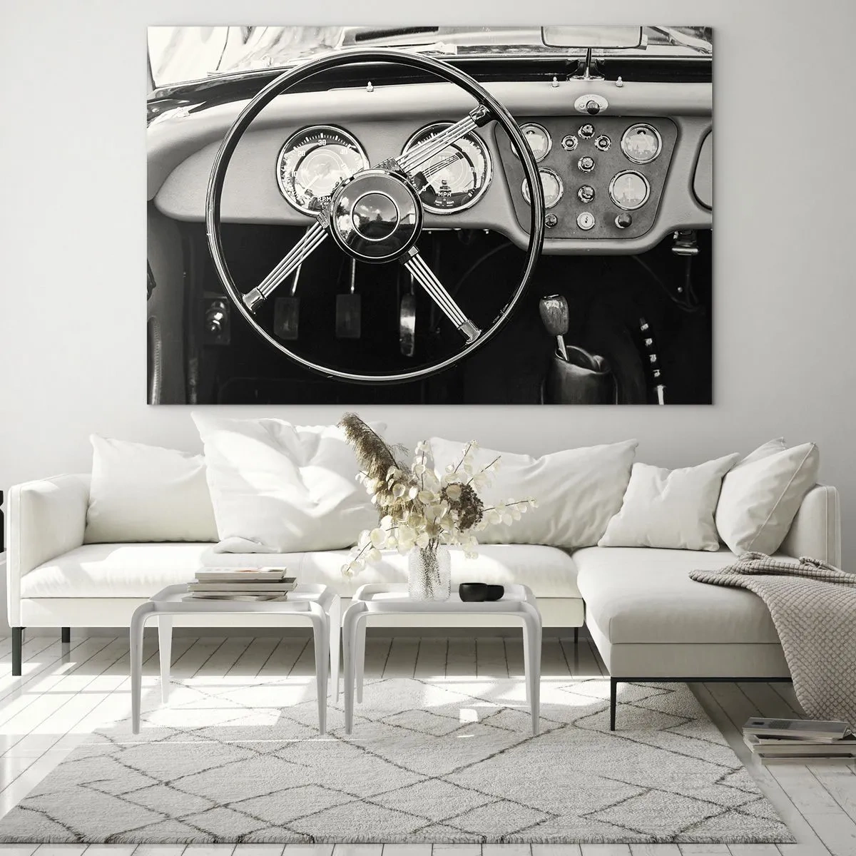 Cuadro sobre vidrio - Impresiones sobre Vidrio - El volante y los relojes de un coche clásico en sepia - 70x50cm - El sueño de un coleccionista - Decoración de pared moderna para salón y dormitorio ARTTOR