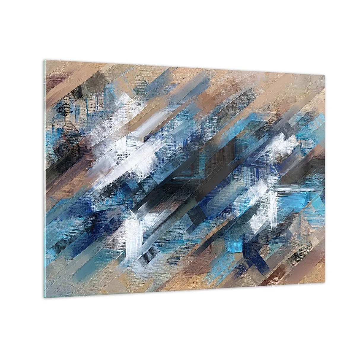 Cuadro sobre vidrio - Impresiones sobre Vidrio - Rayas diagonales abstractas en tonos azul, blanco y beige. - 70x50cm - En una inclinación azul - Decoración de pared moderna para salón y dormitorio ARTTOR