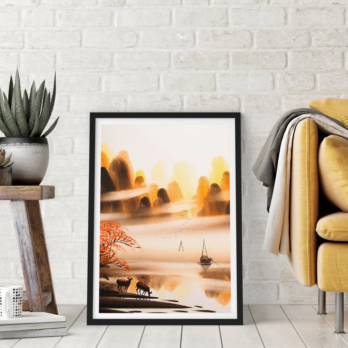 Póster en marco negro - Paisaje montañoso oriental en la niebla con un barco y animales. - 50x70cm - Más allá del Lejano Oriente - Decoración de pared moderna para salón y dormitorio ARTTOR