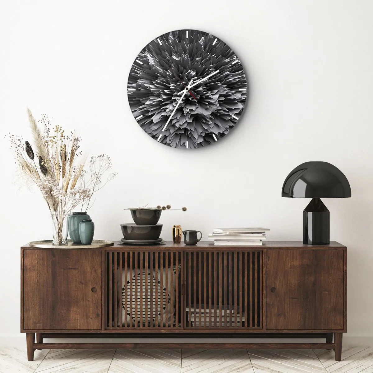 Reloj de pared - Reloj de vidrio - Composición 3D abstracta en blanco y negro en forma de explosión. - 30x30cm - No puede ser más afilado - Decoración de pared moderna para salón, cocina y dormitorio ARTTOR