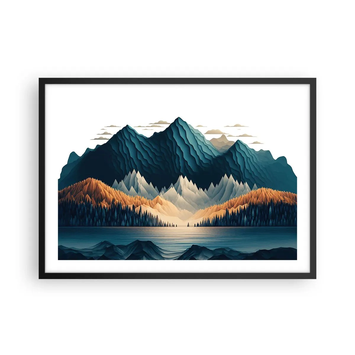 Póster en marco negro - Montañas pintorescas sobre el lago al atardecer - 70x50cm - Paisaje perfecto de montañas - Decoración de pared moderna para salón y dormitorio ARTTOR