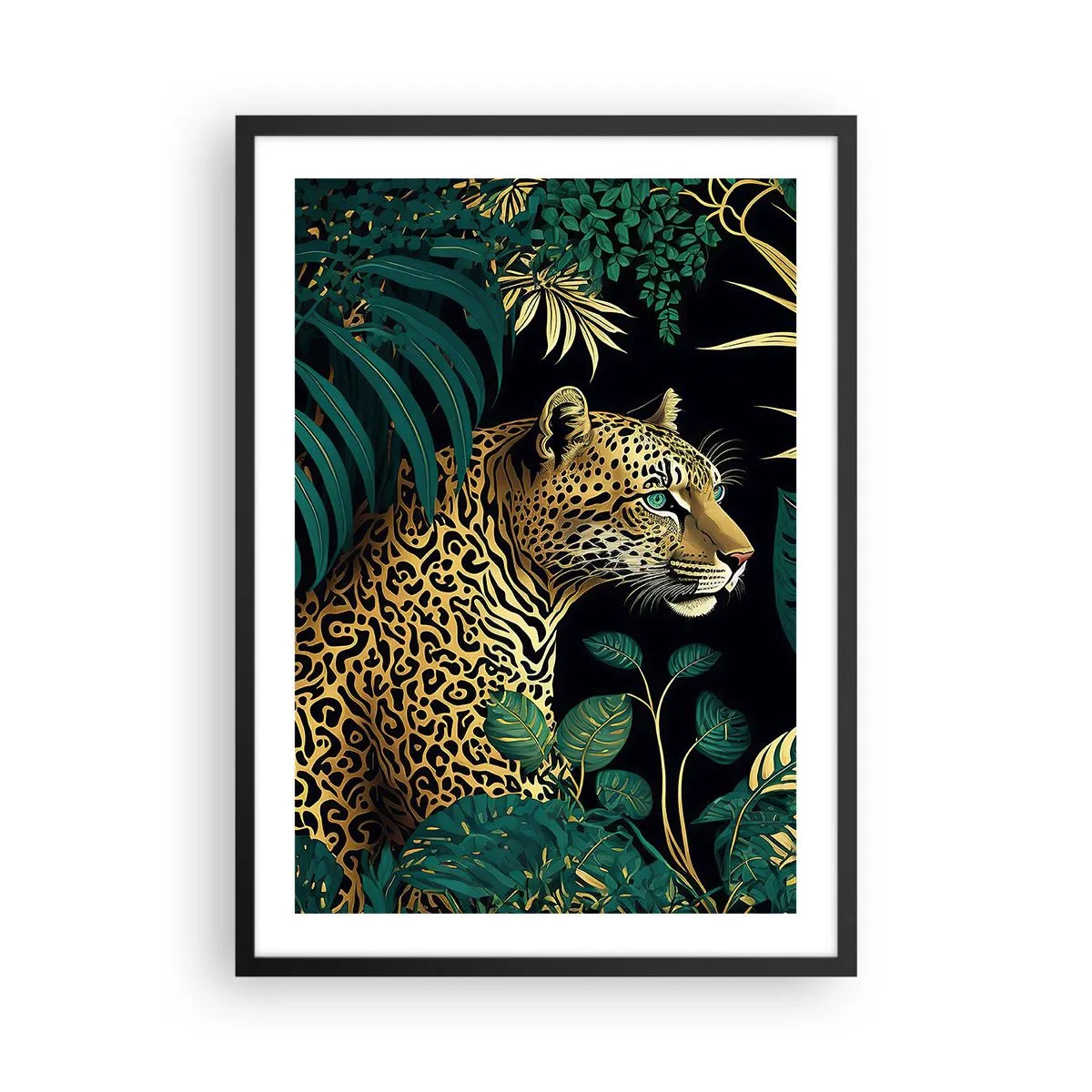 Póster en marco negro - Leopardo dorado en la selva tropical - 50x70cm - El anfitrión en la jungla - Decoración de pared moderna para salón y dormitorio ARTTOR