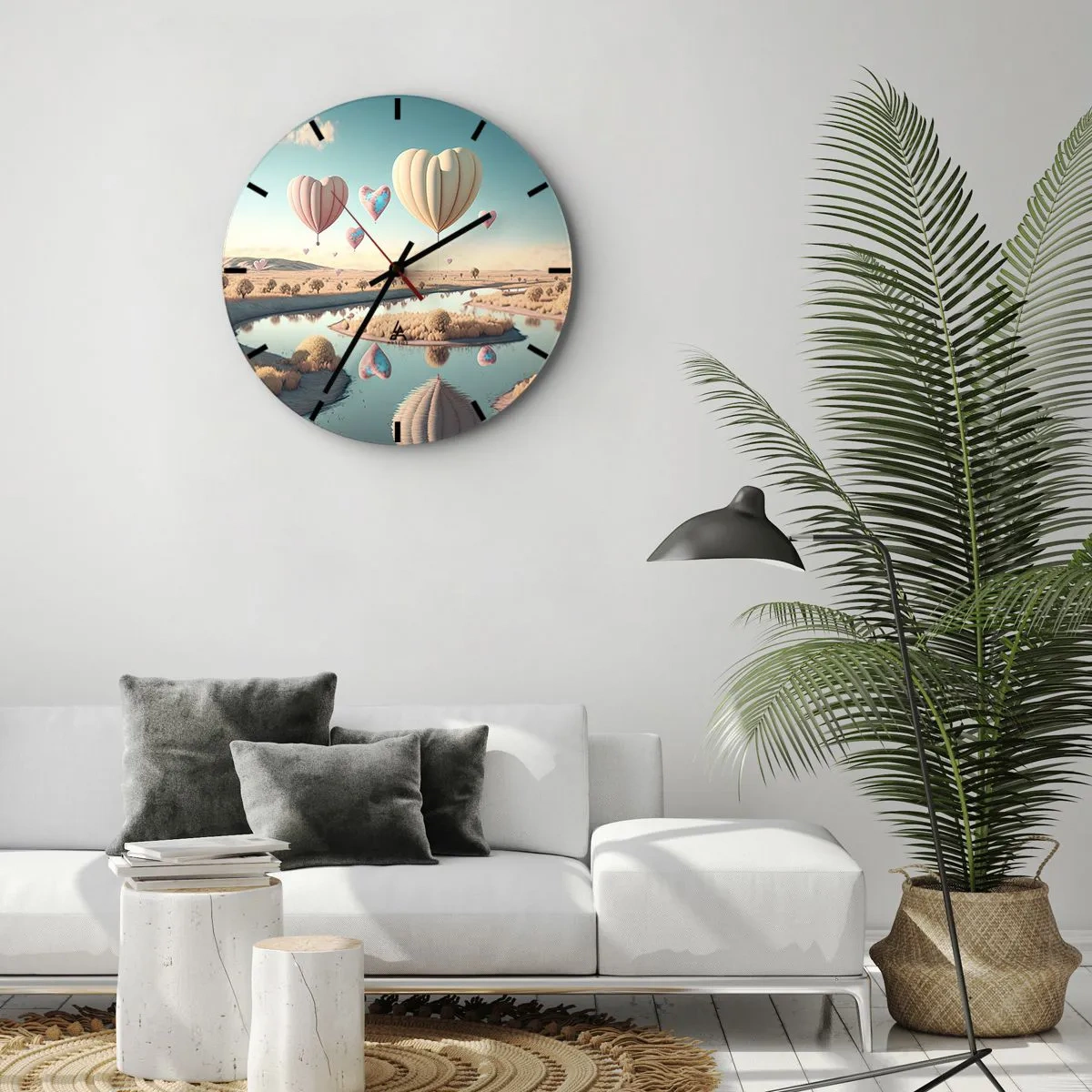 Reloj de pared - Reloj de vidrio - Globos en forma de corazón flotando sobre el río. - 30x30cm - El amor te hace volar - Decoración de pared moderna para salón, cocina y dormitorio ARTTOR