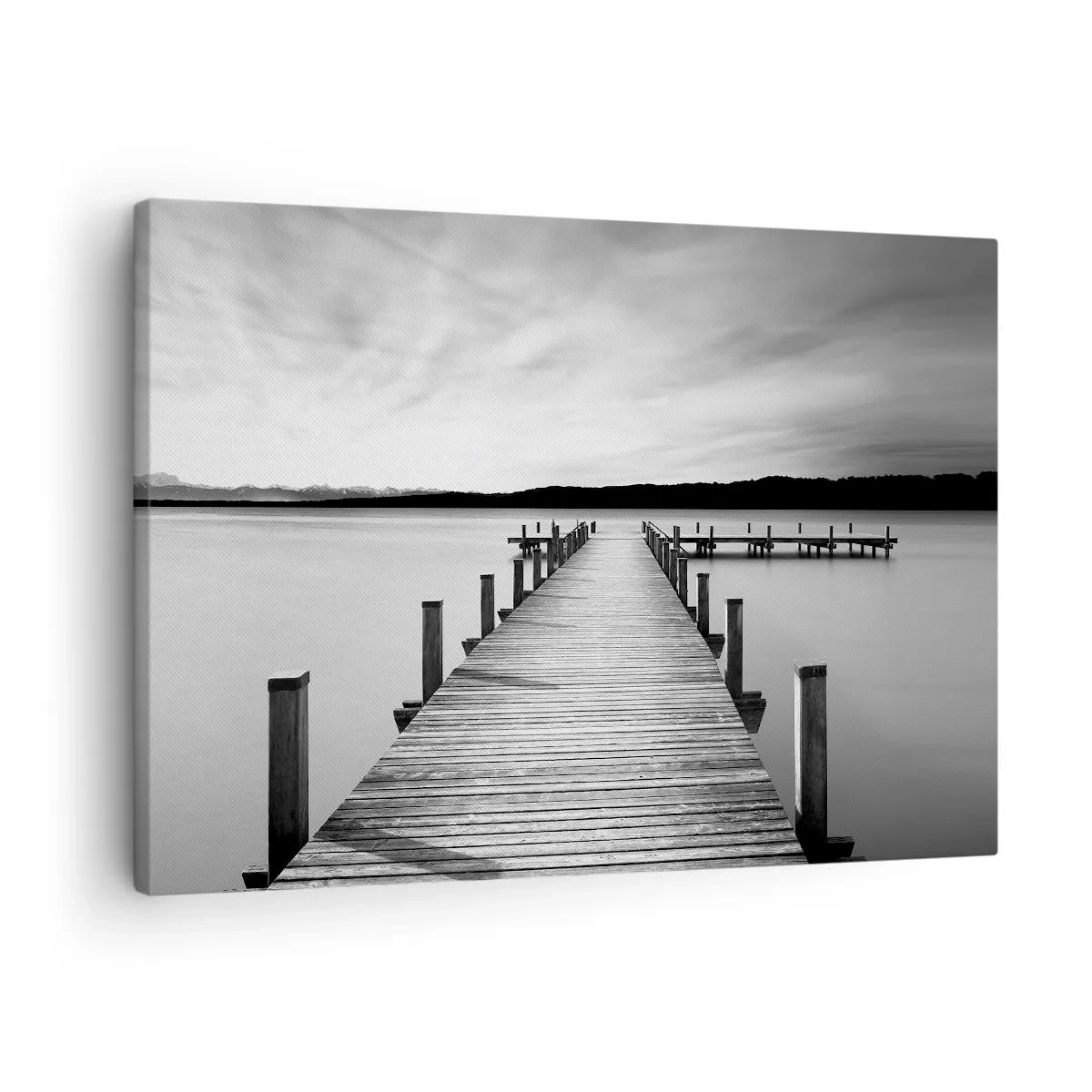 Cuadro sobre lienzo - Impresión de Imagen - Un embarcadero blanco y negro en un lago tranquilo. - 70x50cm - En el lago de la paz - Decoración de pared moderna para salón y dormitorio ARTTOR