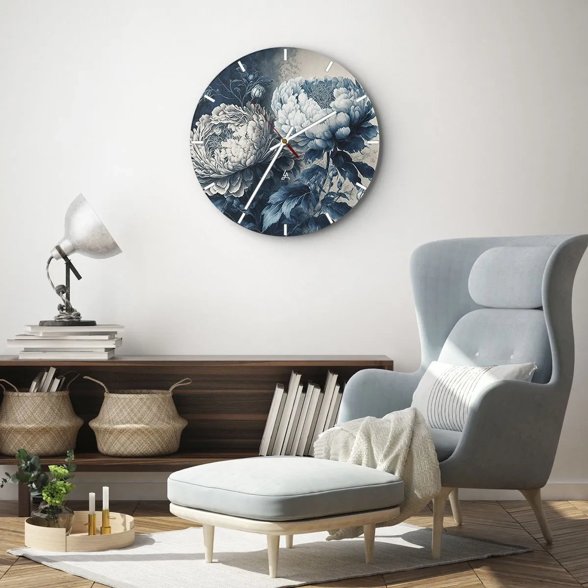 Reloj de pared - Reloj de vidrio - Ilustración de dos peonías en tonos azules y blancos. - 30x30cm - Una pareja unida - Decoración de pared moderna para salón, cocina y dormitorio ARTTOR
