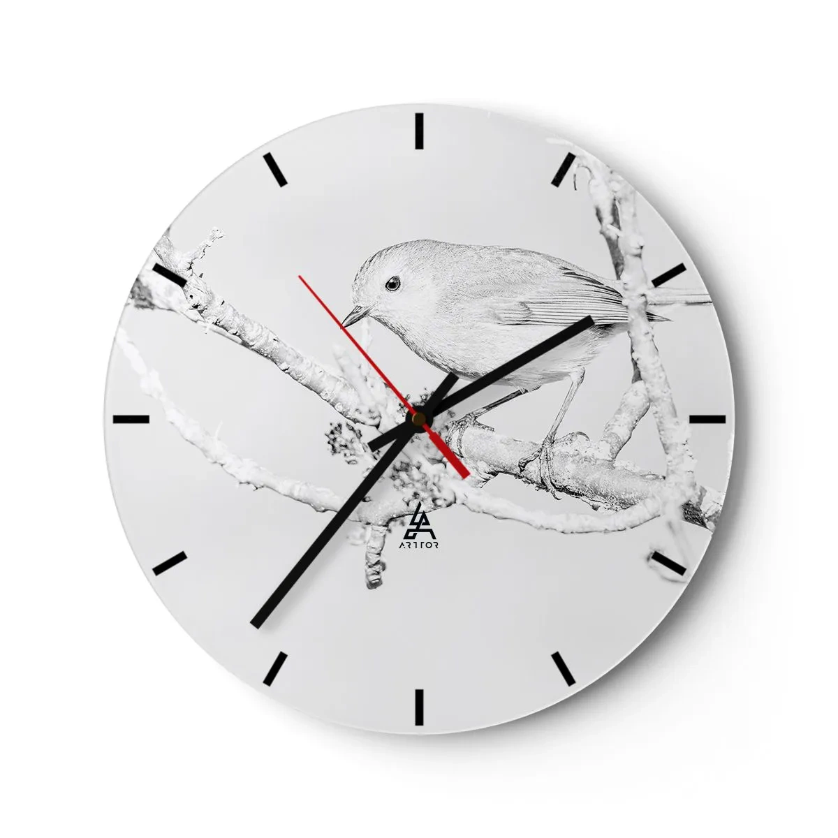 Reloj de pared - Reloj de vidrio - Un pájaro en una rama nevada en un estilo monocromático. - 30x30cm - Mañana de invierno - Decoración de pared moderna para salón, cocina y dormitorio ARTTOR