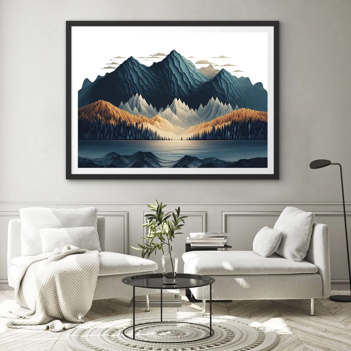 Póster en marco negro - Montañas pintorescas sobre el lago al atardecer - 70x50cm - Paisaje perfecto de montañas - Decoración de pared moderna para salón y dormitorio ARTTOR