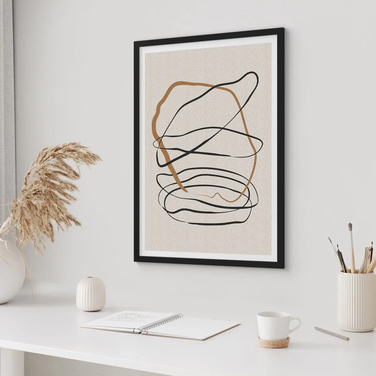 Póster en marco negro - Abstracción minimalista con líneas dinámicas. - 50x70cm - Composición: danza lineal - Decoración de pared moderna para salón y dormitorio ARTTOR