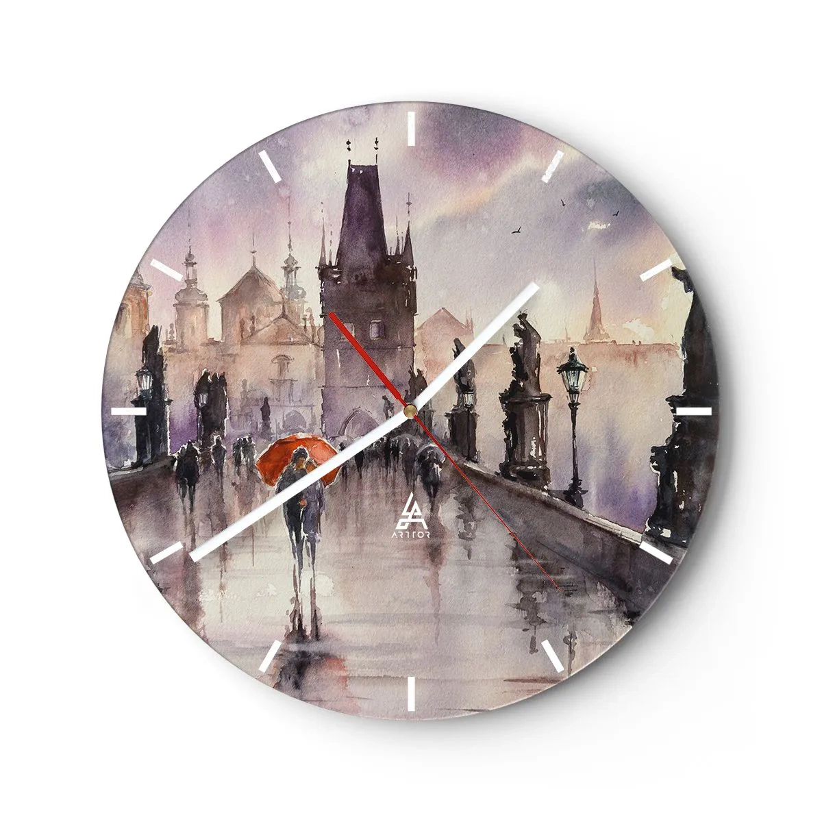 Reloj de pared - Reloj de vidrio - Escena romántica en un puente bajo la lluvia con un paraguas naranja. - 30x30cm - La gente no cambia - Decoración de pared moderna para salón, cocina y dormitorio ARTTOR