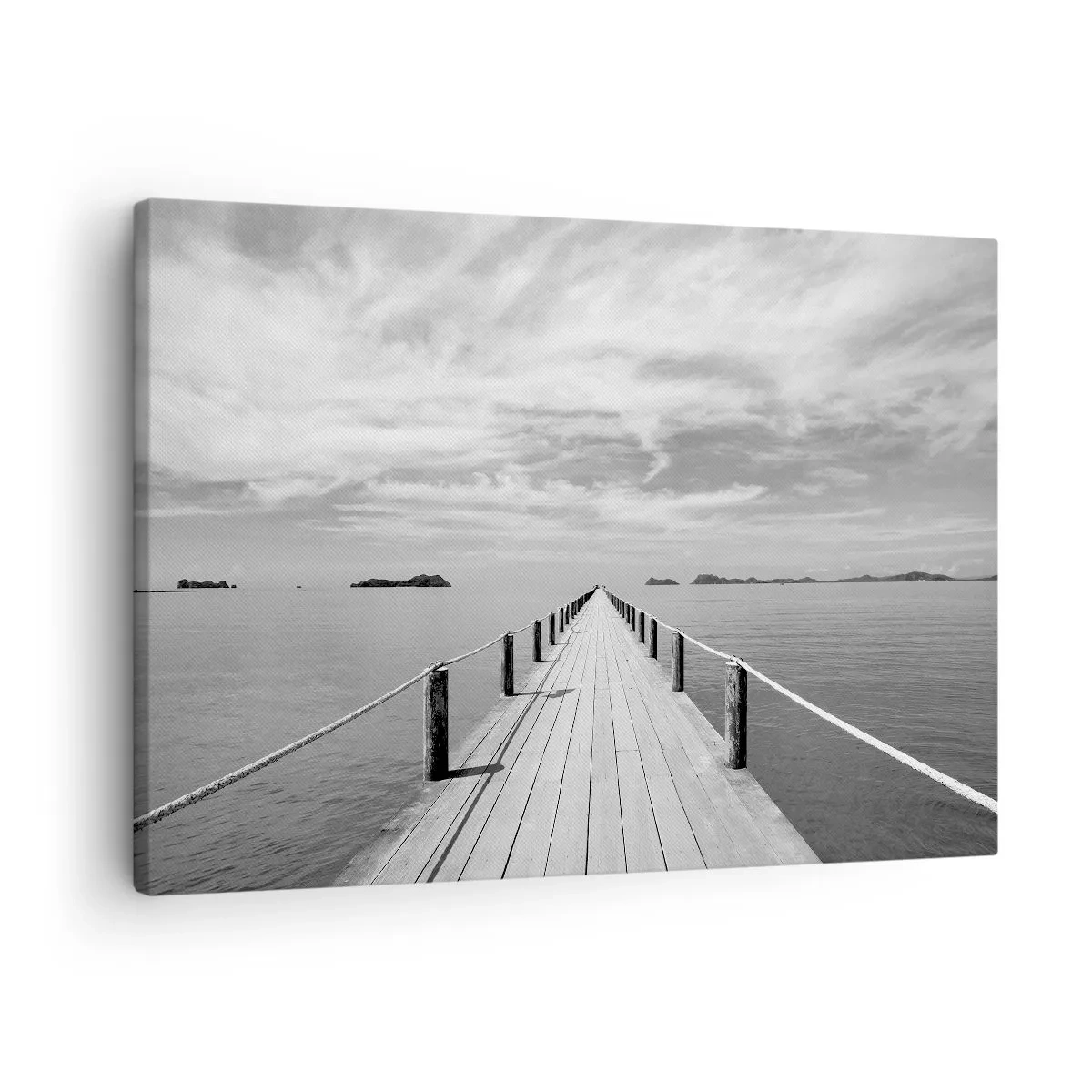 Cuadro sobre lienzo - Impresión de Imagen - Un muelle de madera que se pierde en la distancia sobre un mar en calma. - 70x50cm - Hora de viajar - Decoración de pared moderna para salón y dormitorio ARTTOR