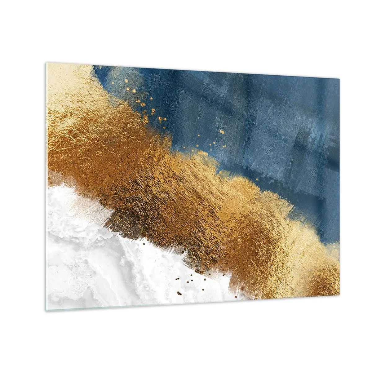 Cuadro sobre vidrio - Impresiones sobre Vidrio - Trazos de pintura dorada sobre un fondo azul marino y blanco. - 70x50cm - Los colores del verano - Decoración de pared moderna para salón y dormitorio ARTTOR