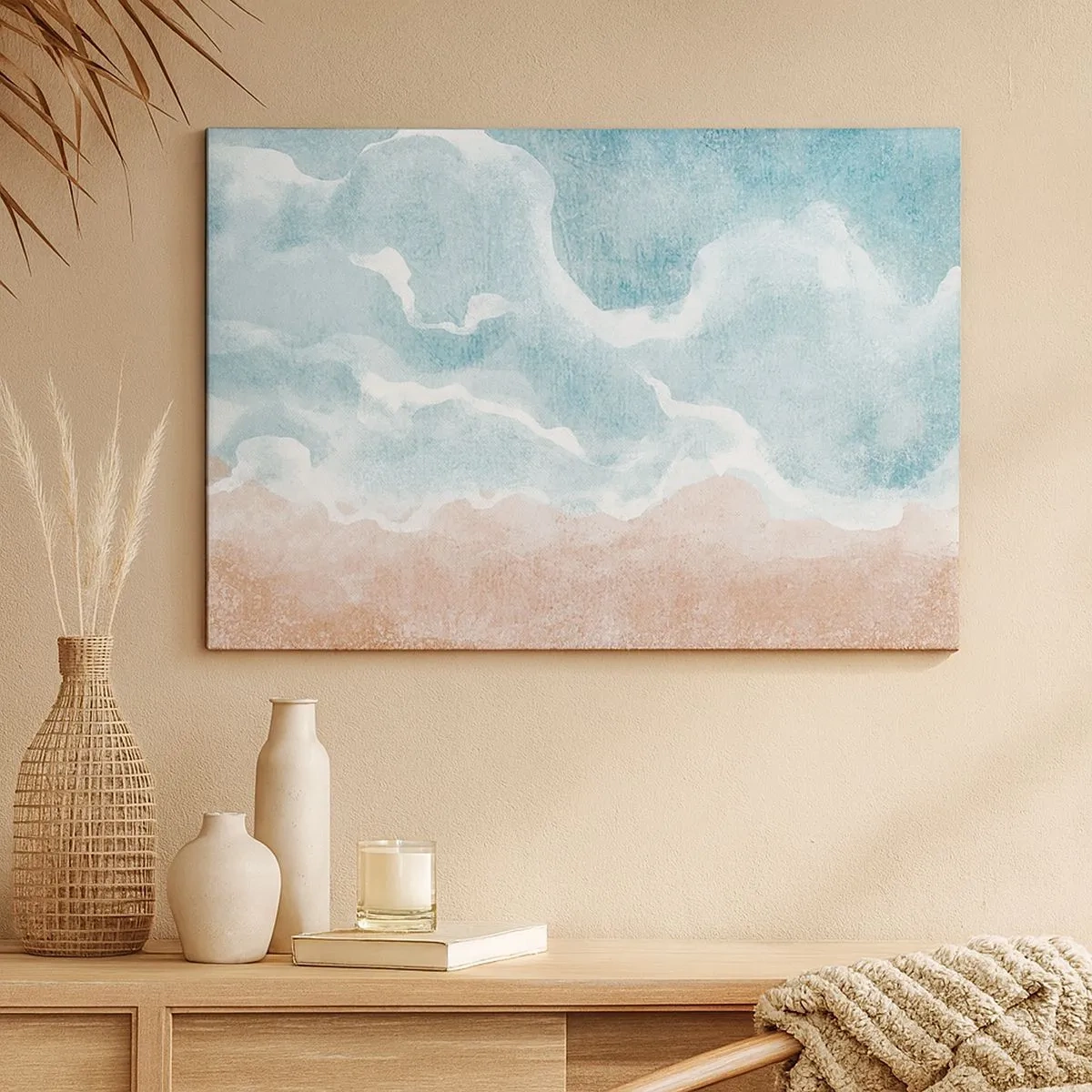 Cuadro sobre lienzo - Impresión de Imagen - Playa abstracta con olas en tonos azules y beige. - 70x50cm - Abstracción de nubes - Decoración de pared moderna para salón y dormitorio ARTTOR