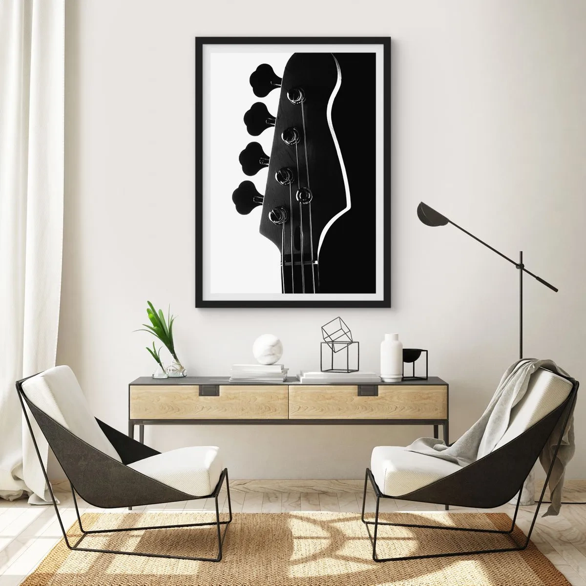 Póster en marco negro - Un tema musical minimalista en blanco y negro con una guitarra eléctrica. - 50x70cm - Silencio musical - Decoración de pared moderna para salón y dormitorio ARTTOR