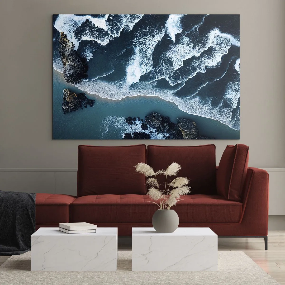 Cuadro sobre vidrio - Impresiones sobre Vidrio - Olas del mar rompiendo contra la costa rocosa - 70x50cm - Rodeadas por las olas - Decoración de pared moderna para salón y dormitorio ARTTOR