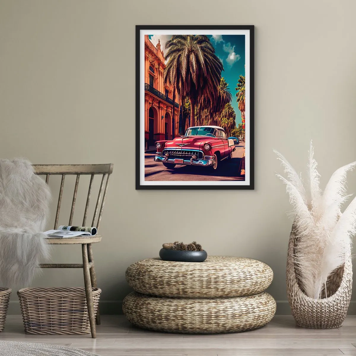 Póster en marco negro - Un coche clásico con el telón de fondo de una ciudad tropical. - 50x70cm - Seguimos en La Habana - Decoración de pared moderna para salón y dormitorio ARTTOR
