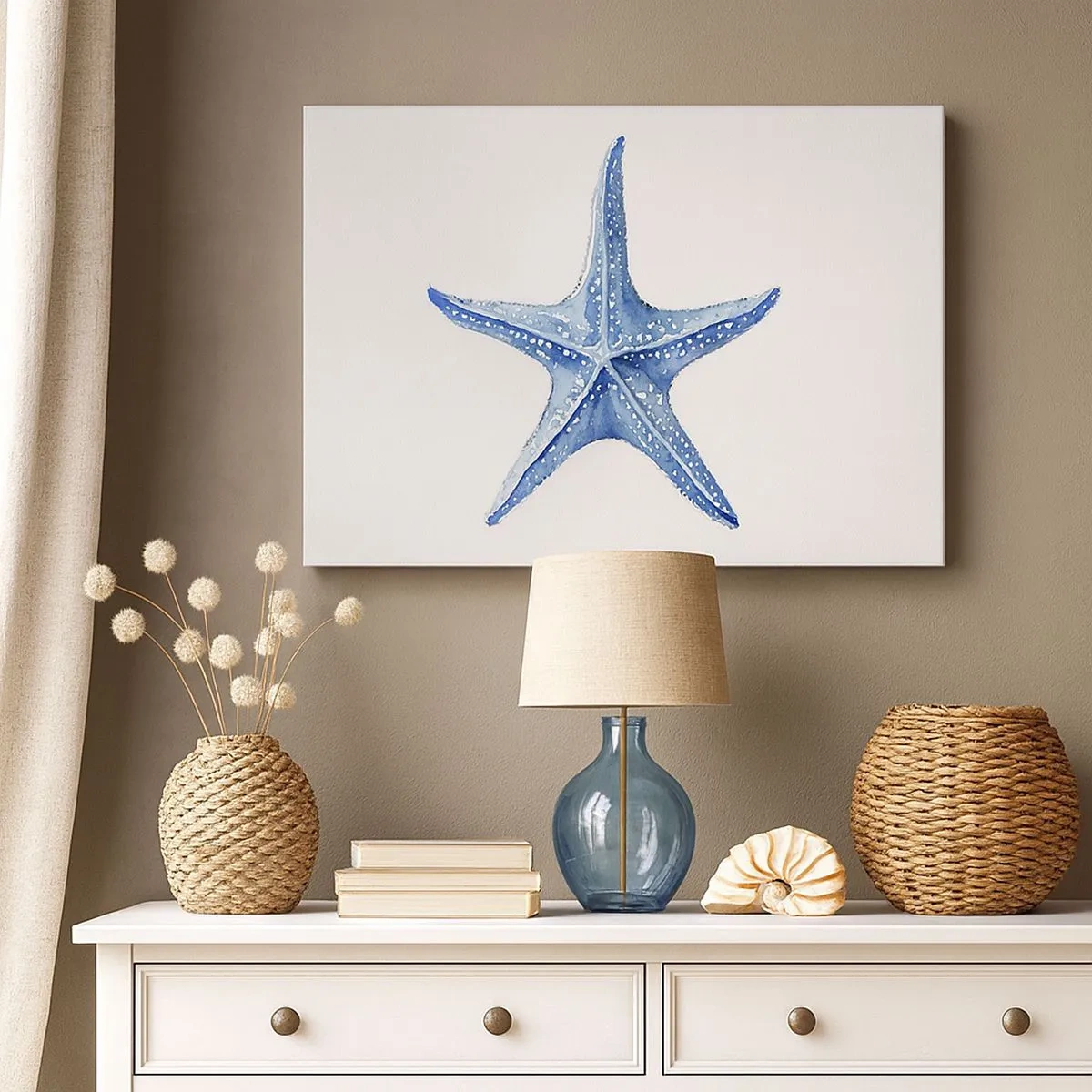 Cuadro sobre lienzo - Impresión de Imagen - Estrella de mar azul sobre fondo blanco en estilo minimalista. - 70x50cm - Estrella de mar - Decoración de pared moderna para salón y dormitorio ARTTOR