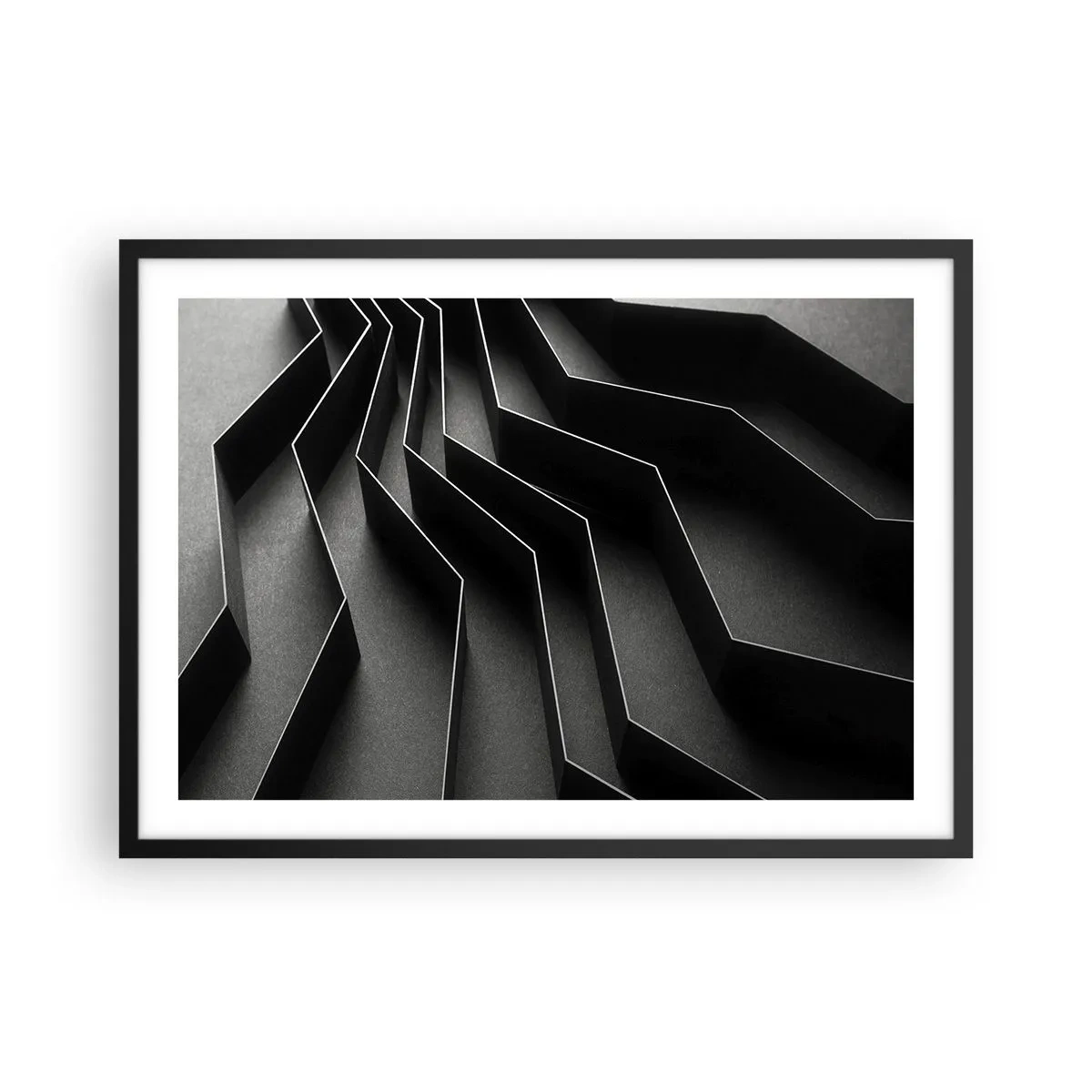 Póster en marco negro - Abstracción en blanco y negro con estructuras geométricas. - 70x50cm - Orden espacial - Decoración de pared moderna para salón y dormitorio ARTTOR
