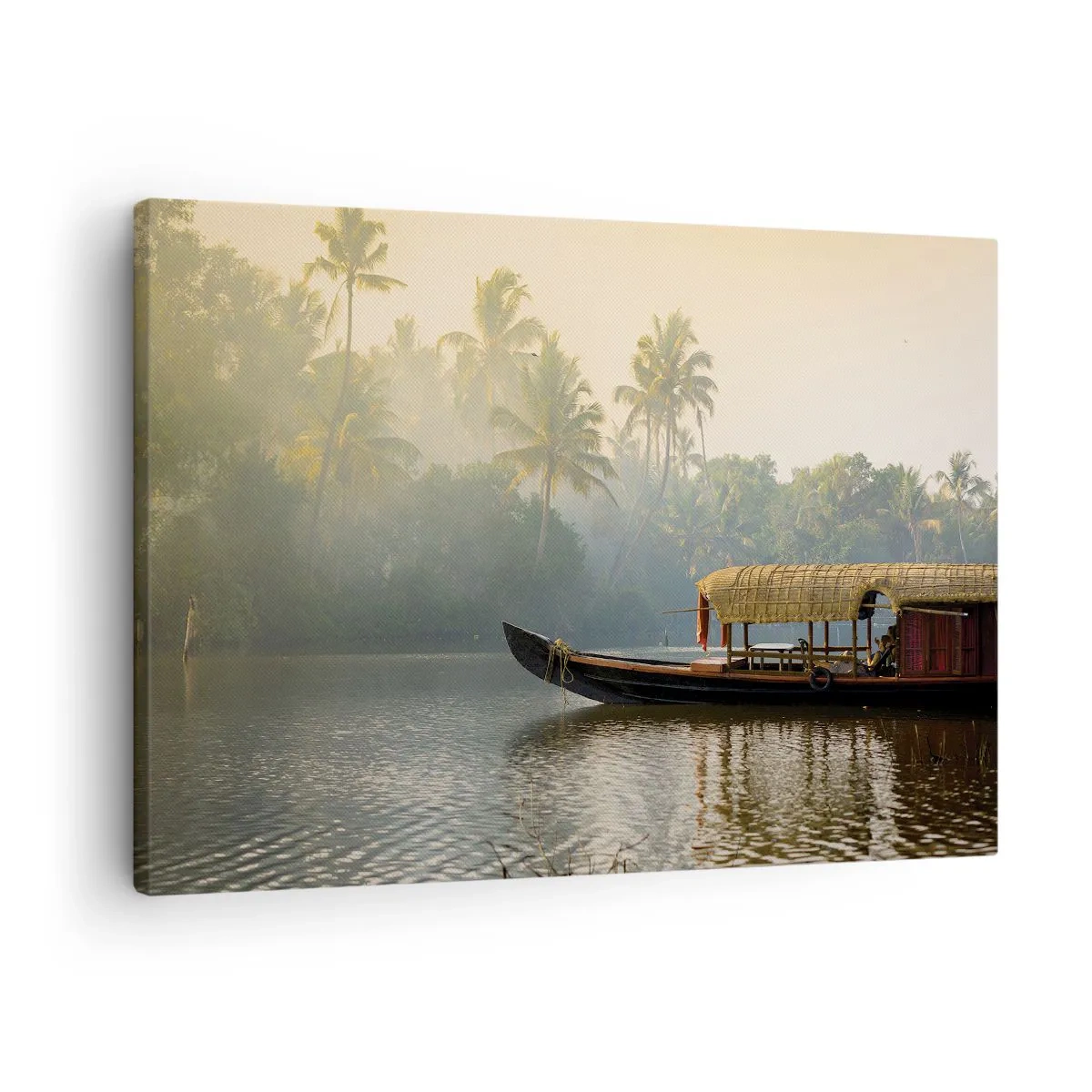 Cuadro sobre lienzo - Impresión de Imagen - Un barco tradicional en un río tranquilo entre palmeras. - 70x50cm - Casa en el río - Decoración de pared moderna para salón y dormitorio ARTTOR