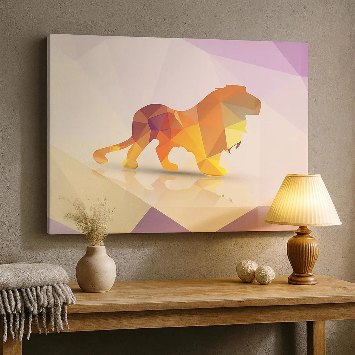 Cuadro sobre lienzo - Impresión de Imagen - Silueta geométrica de un león en tonos amarillo y naranja. - 70x50cm - El rey de los diamantes - Decoración de pared moderna para salón y dormitorio ARTTOR