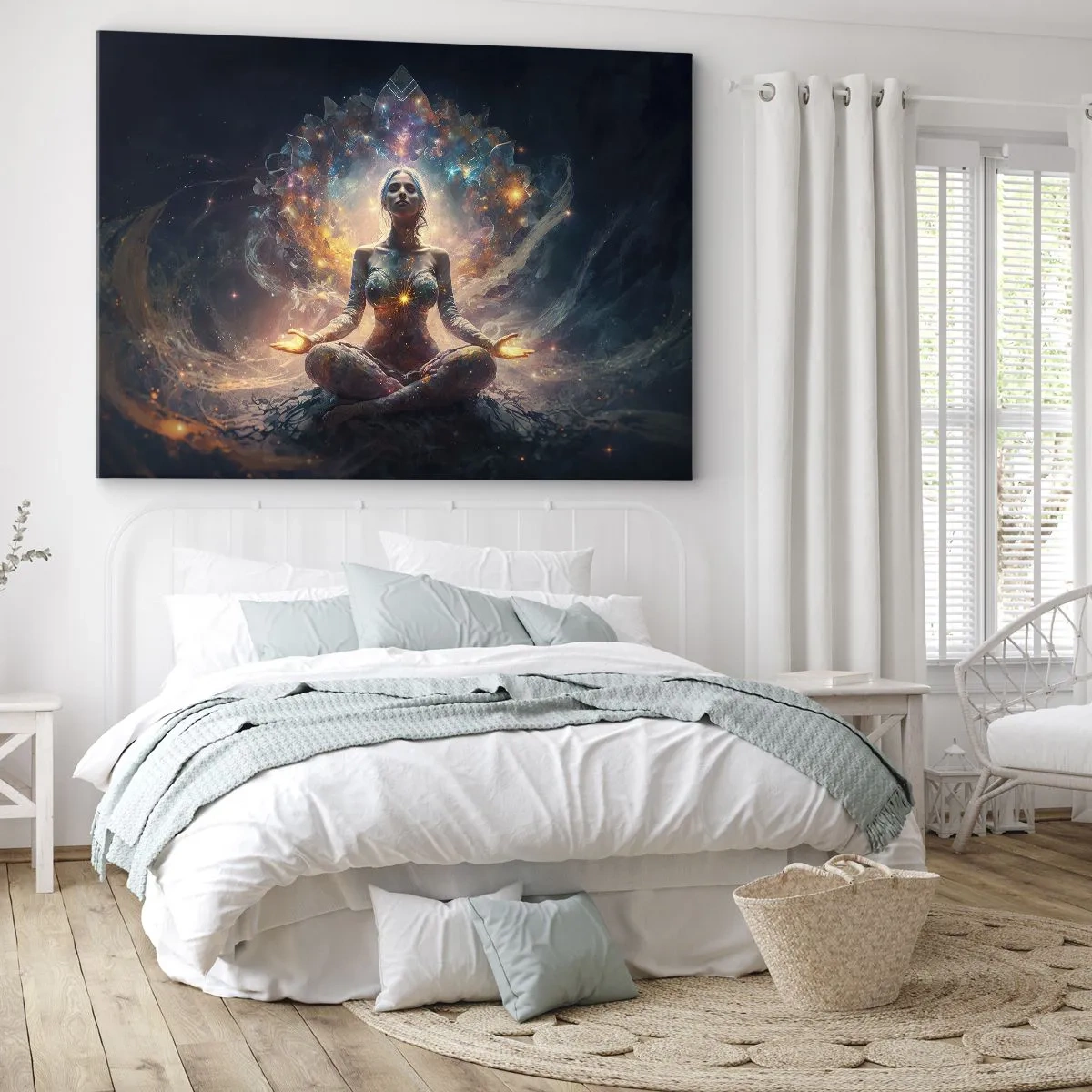 Cuadro sobre lienzo - Impresión de Imagen - Una figura meditando rodeada de patrones y colores energéticos. - 70x50cm - Flujo de buena energía - Decoración de pared moderna para salón y dormitorio ARTTOR