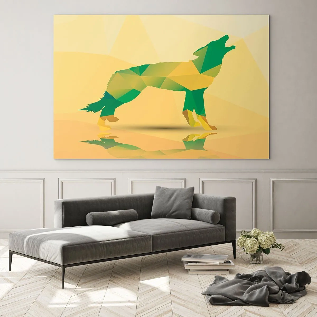 Cuadro sobre vidrio - Impresiones sobre Vidrio - Lobo geométrico en abstracción colorida - 70x50cm - Lobo solitario - Decoración de pared moderna para salón y dormitorio ARTTOR