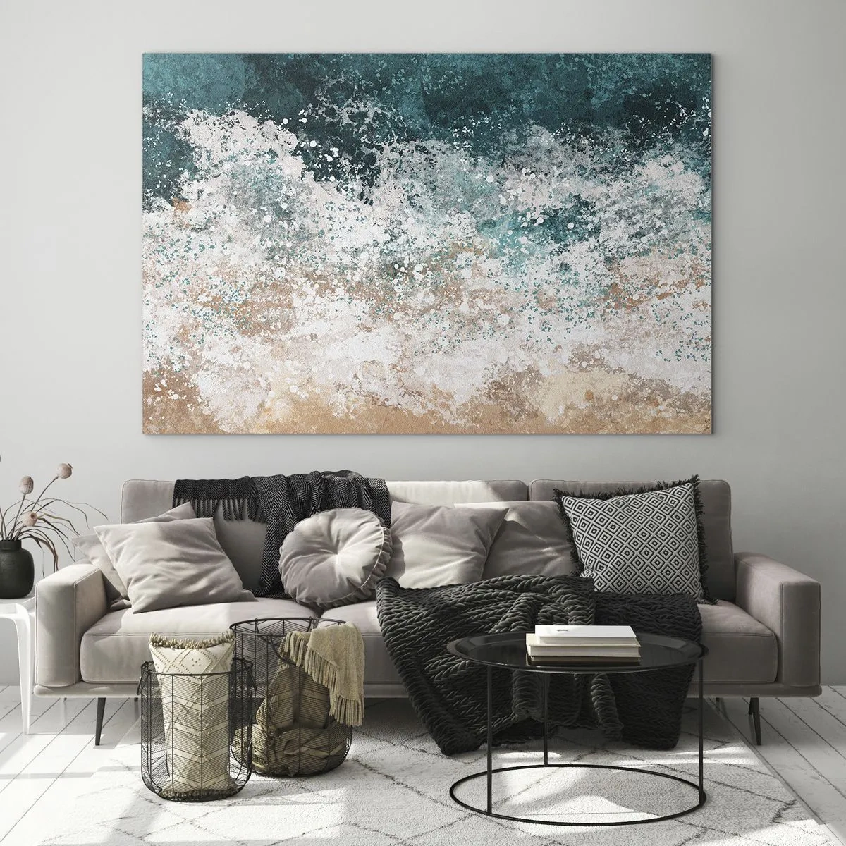 Cuadro sobre vidrio - Impresiones sobre Vidrio - Ola marina abstracta en tonos turquesa, blanco y beige arena. - 70x50cm - Historias del mar - Decoración de pared moderna para salón y dormitorio ARTTOR