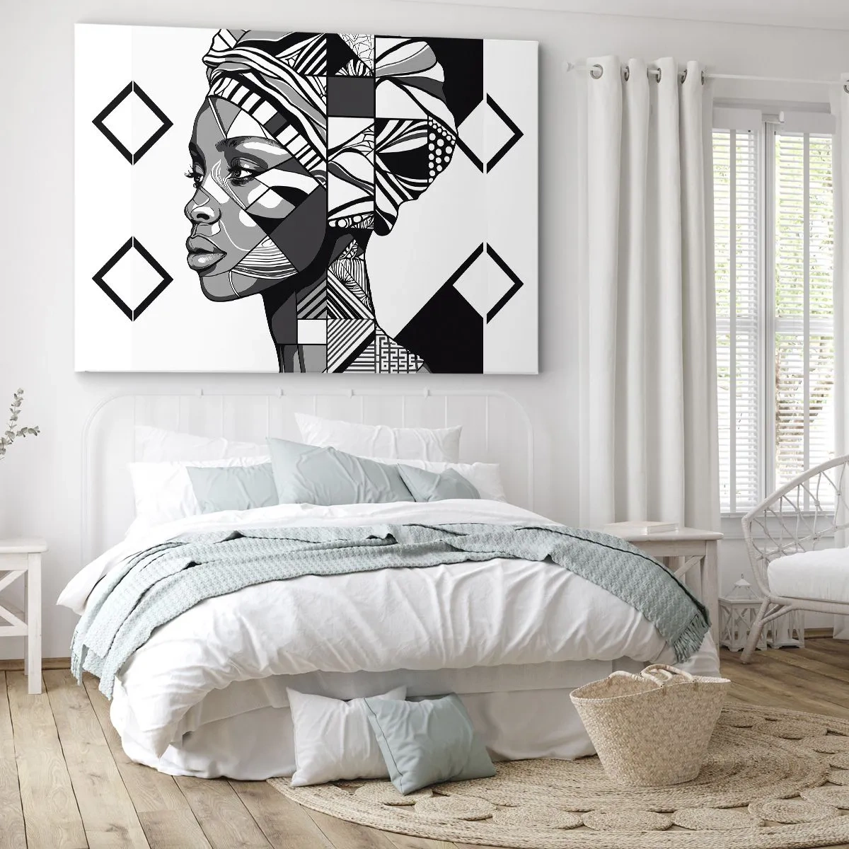 Cuadro sobre lienzo - Impresión de Imagen - Retrato en blanco y negro de una mujer en estilo étnico. - 70x50cm - Retrato étnico - Decoración de pared moderna para salón y dormitorio ARTTOR