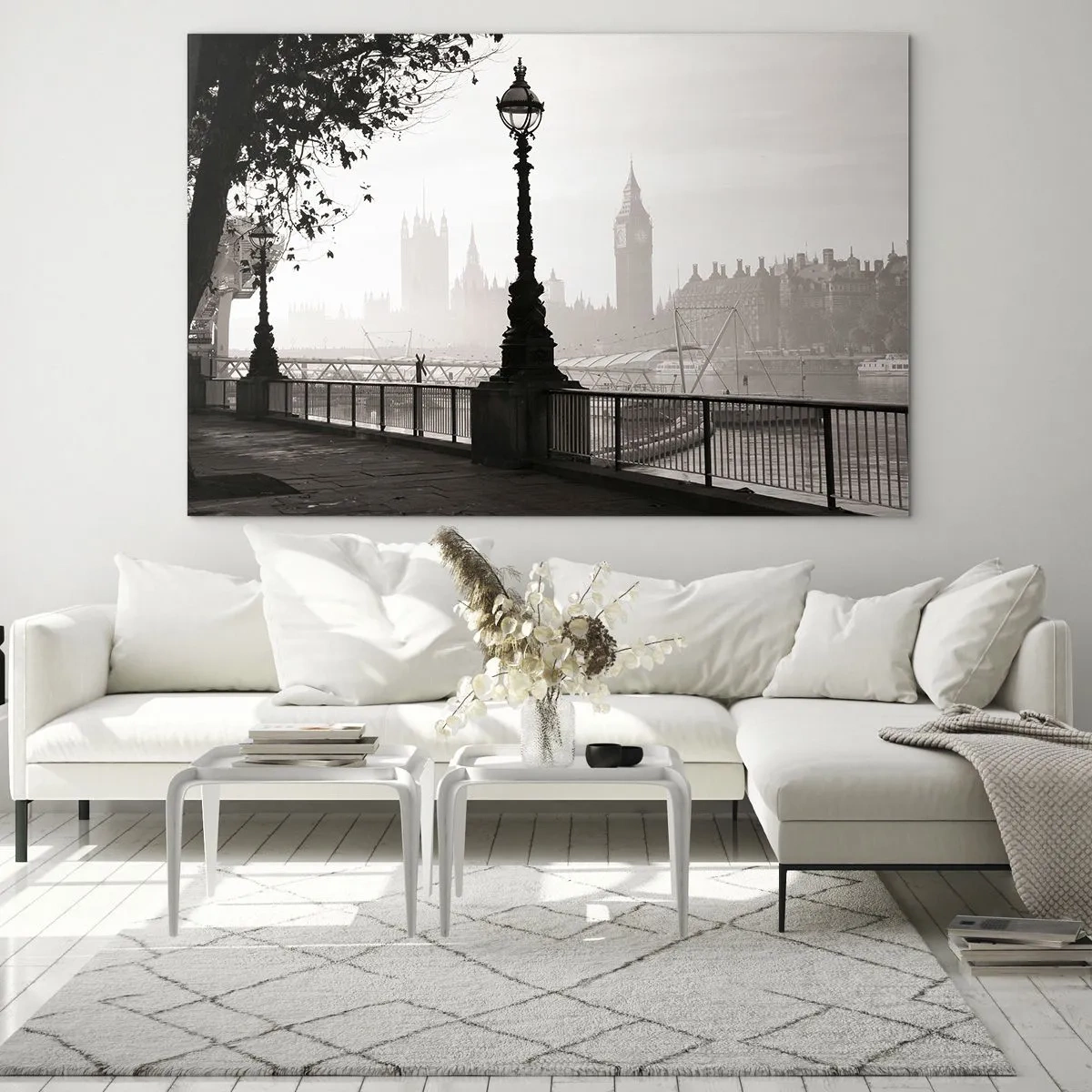 Cuadro sobre vidrio - Impresiones sobre Vidrio - Fotografía en blanco y negro del paseo marítimo de Londres con el Big Ben - 70x50cm - La mañana de Londres - Decoración de pared moderna para salón y dormitorio ARTTOR