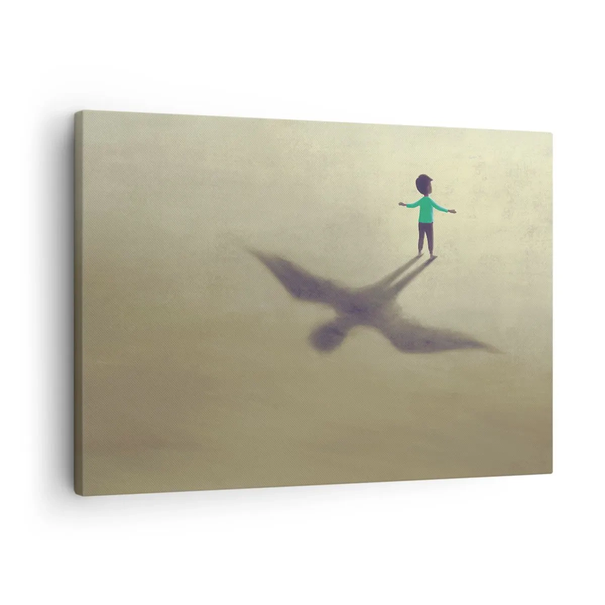 Cuadro sobre lienzo - Impresión de Imagen - Una figura simbólica de un niño con la sombra de un pájaro sobre un fondo de tonos cálidos. - 70x50cm - Héroe del futuro - Decoración de pared moderna para salón y dormitorio ARTTOR