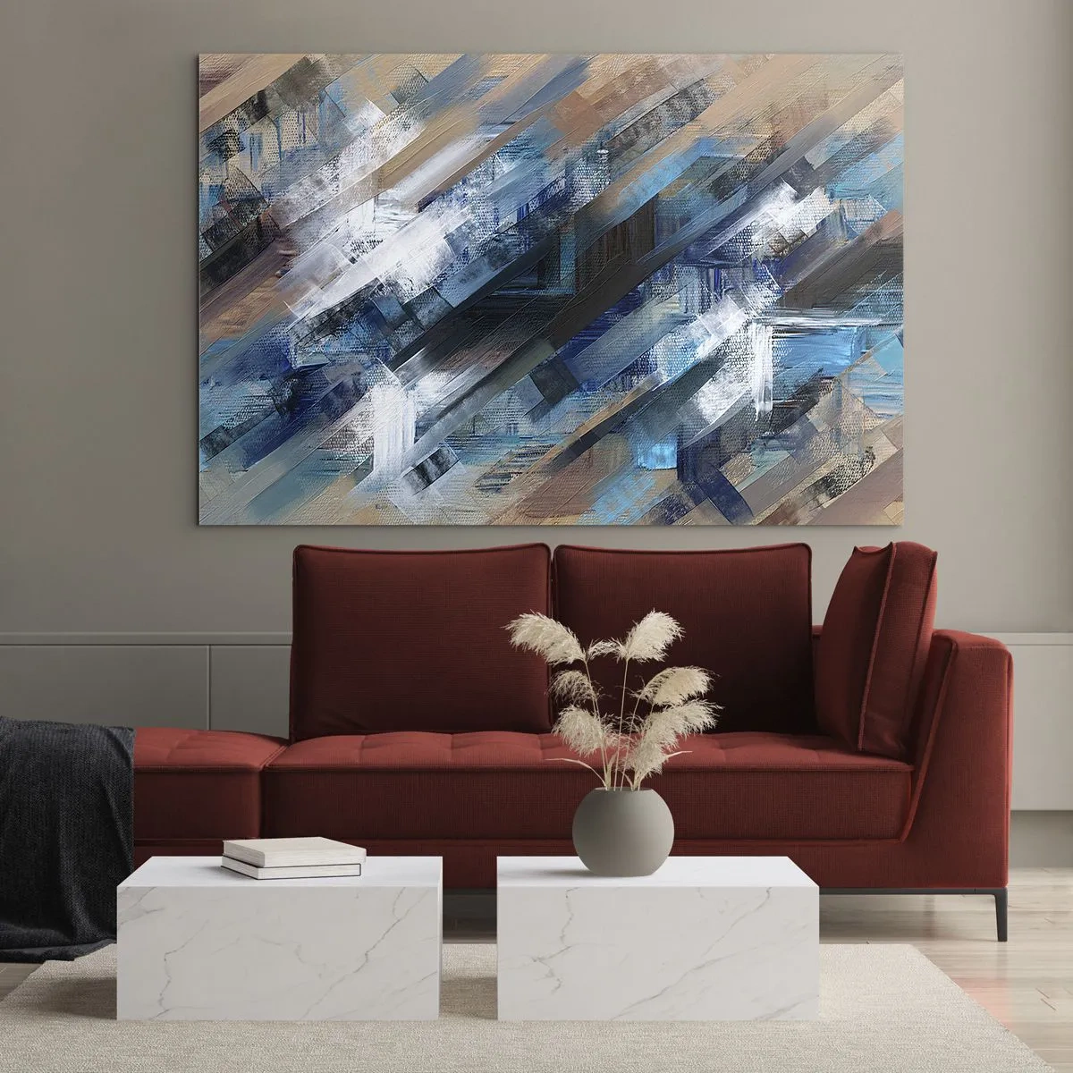 Cuadro sobre vidrio - Impresiones sobre Vidrio - Rayas diagonales abstractas en tonos azul, blanco y beige. - 70x50cm - En una inclinación azul - Decoración de pared moderna para salón y dormitorio ARTTOR