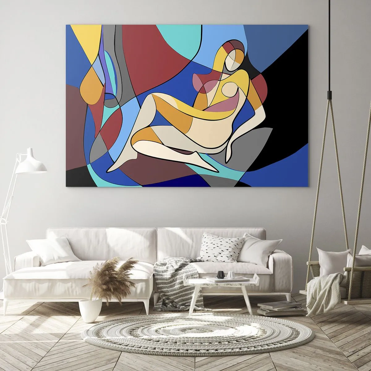 Cuadro sobre vidrio - Impresiones sobre Vidrio - Mujer cubista en una composición abstracta - 70x50cm - Desnudo cubista - Decoración de pared moderna para salón y dormitorio ARTTOR