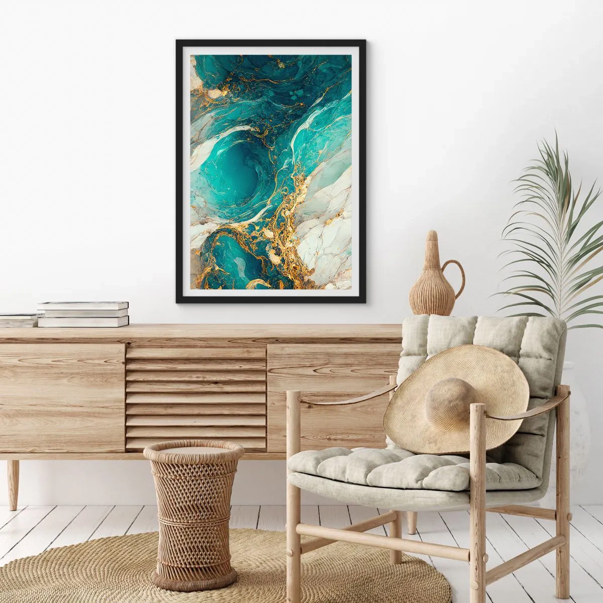 Póster en marco negro - Abstracción turquesa con acentos dorados. - 50x70cm - Composición con vetas de oro - Decoración de pared moderna para salón y dormitorio ARTTOR