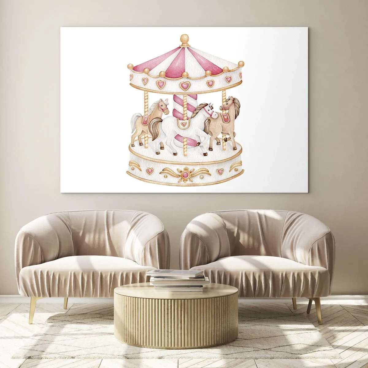 Cuadro sobre vidrio - Impresiones sobre Vidrio - Un carrusel rosa con caballos de estilo infantil sobre un fondo blanco. - 70x50cm - El dulce mundo de la infancia - Decoración de pared moderna para salón y dormitorio ARTTOR