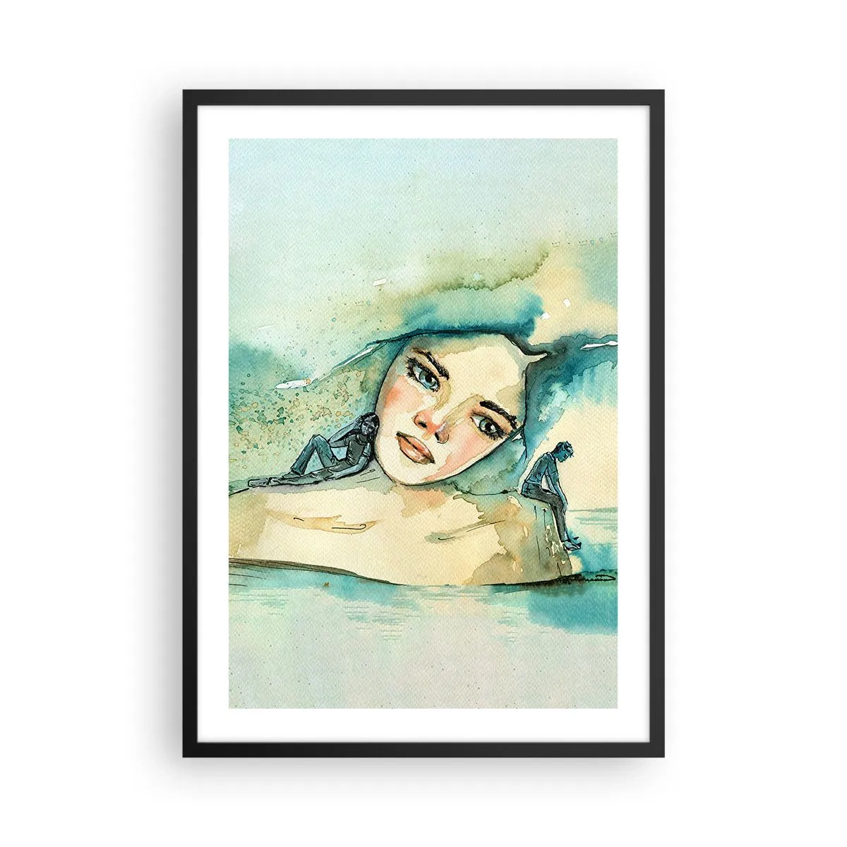 Póster en marco negro - Retrato de una mujer en estilo artístico de acuarela. - 50x70cm - ¿Soy azul? - Decoración de pared moderna para salón y dormitorio ARTTOR