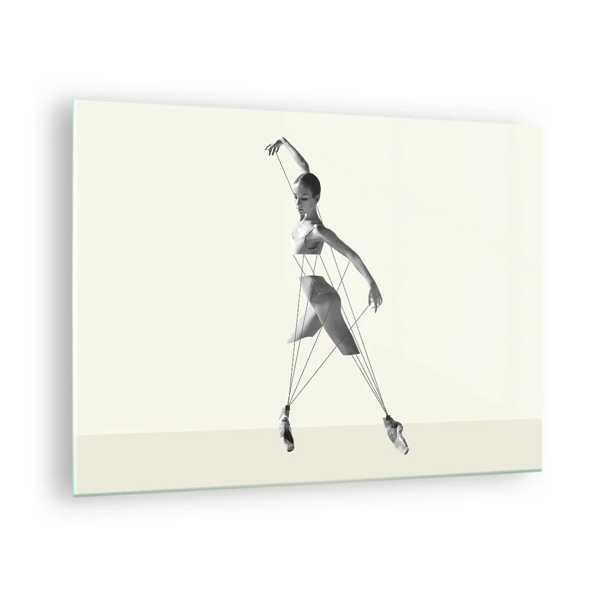 Cuadro sobre vidrio - Impresiones sobre Vidrio - Silueta en blanco y negro de una bailarina con un motivo de línea geométrica. - 70x50cm - Títere de sí misma - Decoración de pared moderna para salón y dormitorio ARTTOR