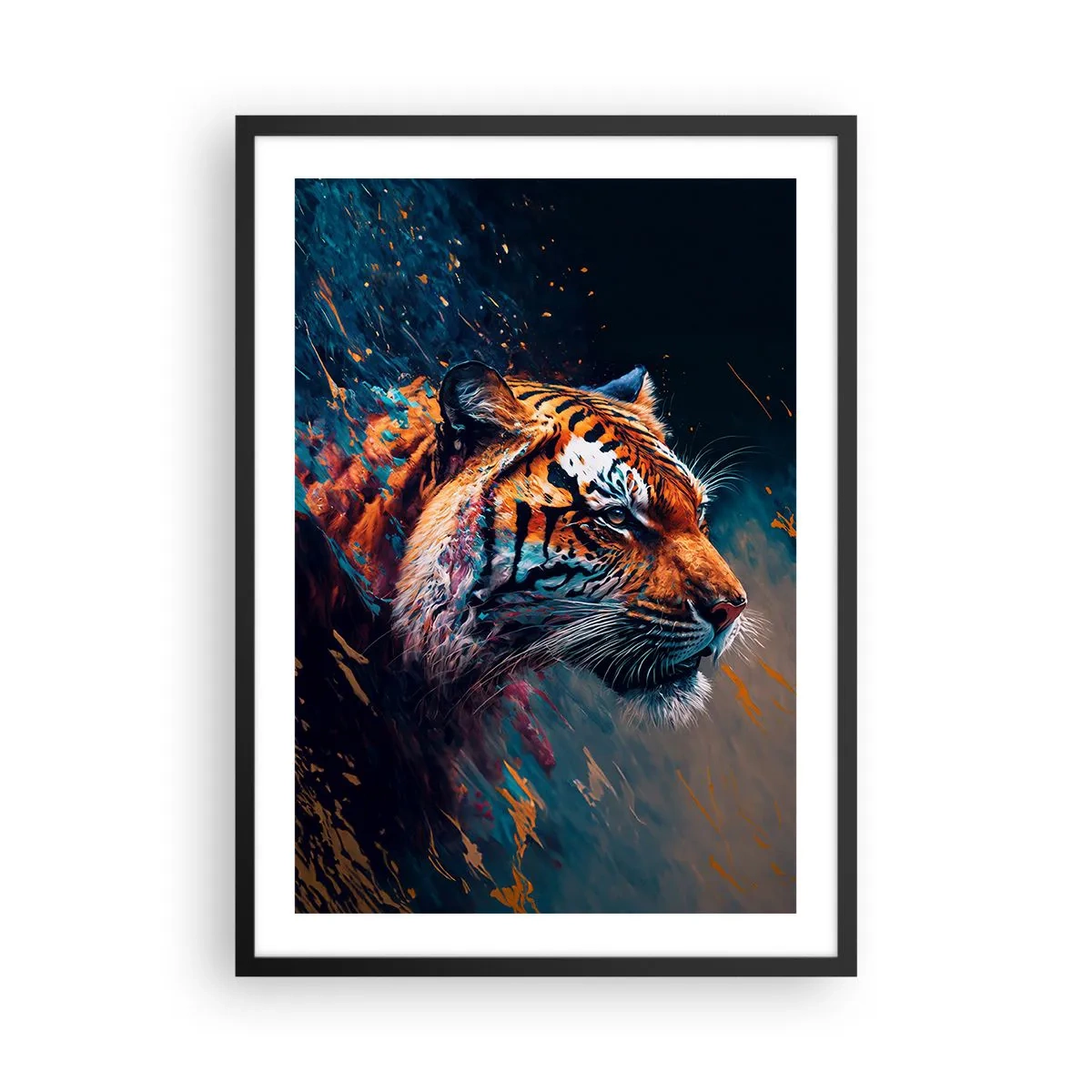 Póster en marco negro - Un retrato dinámico de un tigre en estilo artístico. - 50x70cm - Belleza salvaje - Decoración de pared moderna para salón y dormitorio ARTTOR