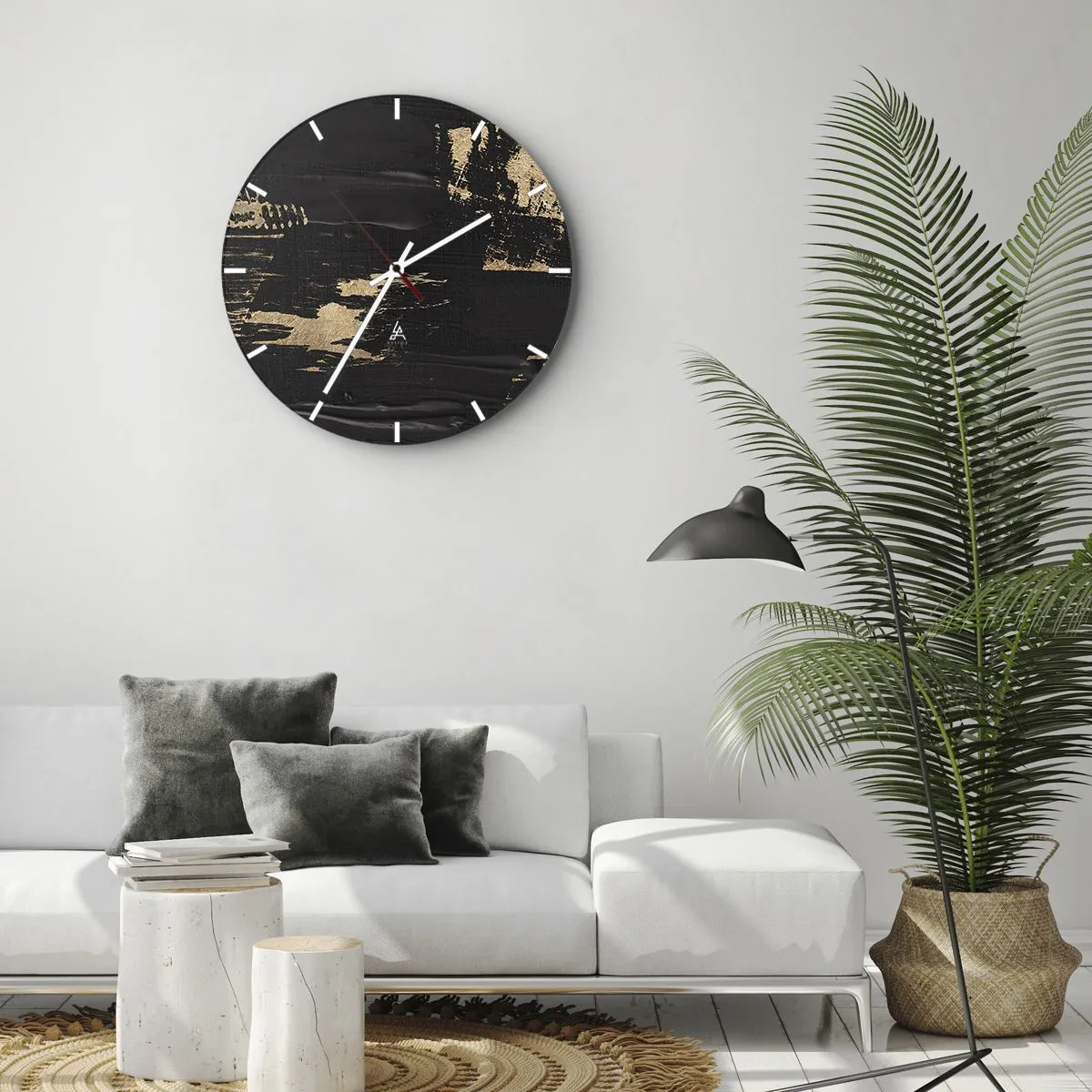 Reloj de pared - Reloj de vidrio - Fondo negro con trazos dinámicos de pintura dorada. - 30x30cm - Un rastro de tacto - Decoración de pared moderna para salón, cocina y dormitorio ARTTOR